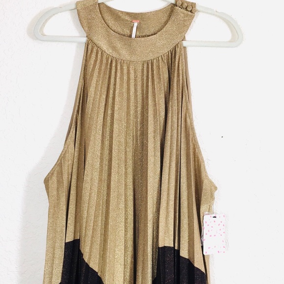 NWT Free People Gold Pleated Mini Love Dress M - Picture 6 of 8